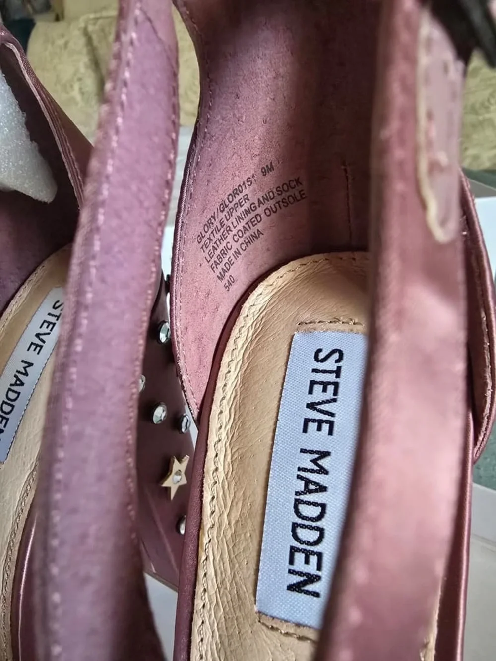 Steve Madden Rose Satin Platform Heels with Star Studs